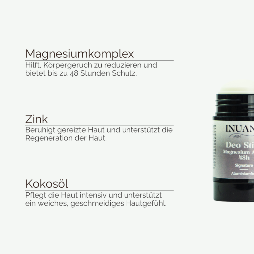 Deo Stick Magnesium Active 48h Signature als Deodorant von INUANA neben Erklärungen zu Inhaltsstoffen