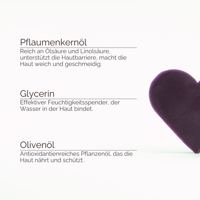 INUANA Herz-Seife mit den natürlichen Inhaltsstoffen Pflaumenkernöl, Glycerin und Olivenöl für die Körperpflege.