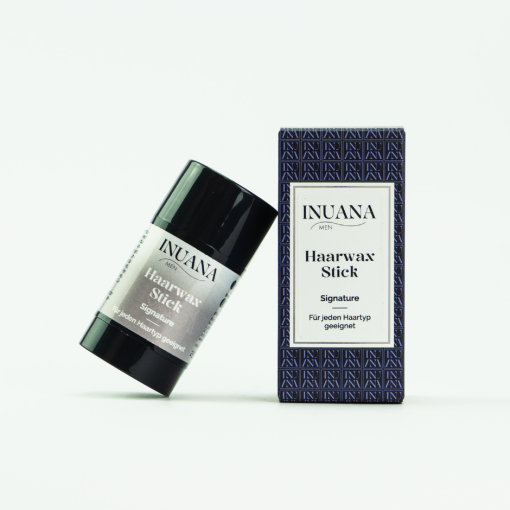 Haarwax Stick Signature als Kosmetik Stick für das Haarstyling von INUANA neben passender Verpackung