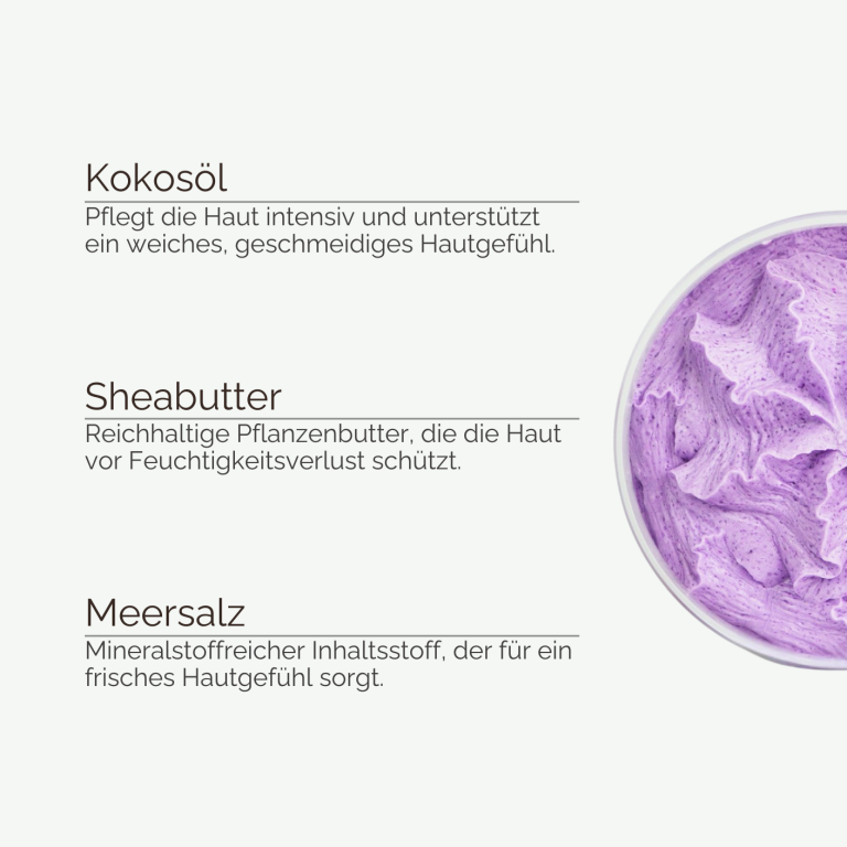 Produkt-Inhaltsstoffe für INUANA Kosmetik: Kokosöl pflegt, Sheabutter schützt vor Feuchtigkeitsverlust und Meersalz erfrischt.