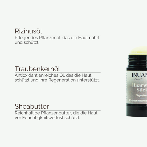 Haarwax Stick Signature für das Haarstyling von INUANA neben Erklärungen zu Inhaltsstoffen
