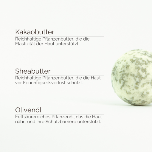 Übersicht der natürlichen Inhaltsstoffe wie Kakaobutter und Sheabutter für den Badezusatz von INUANA