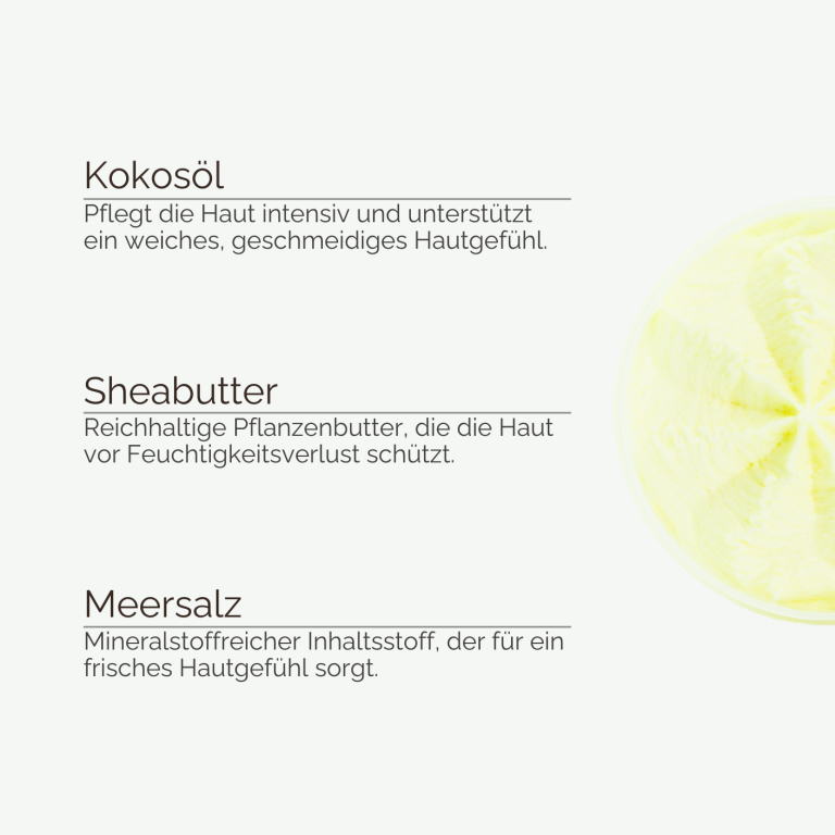 Infografik zu INUANA Kosmetik mit Kokosöl, Sheabutter und Meersalz für ein geschmeidiges, frisches Hautgefühl.