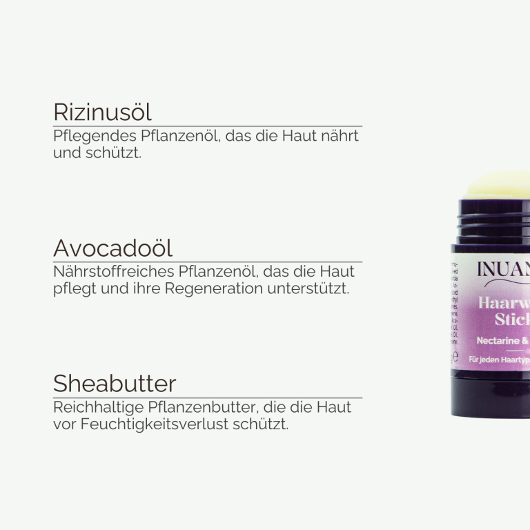 Haarwax Stick von INUANA neben einer Übersicht natürlicher Inhaltsstoffe wie Rizinusöl, Avocadoöl und Sheabutter.