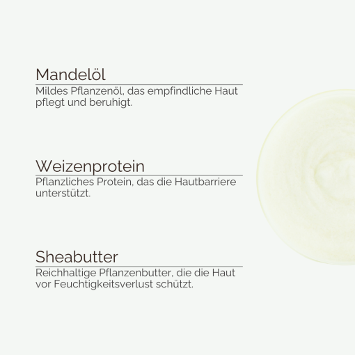 Übersicht der natürlichen Inhaltsstoffe wie Mandelöl und Sheabutter für sanfte Hautpflege von INUANA
