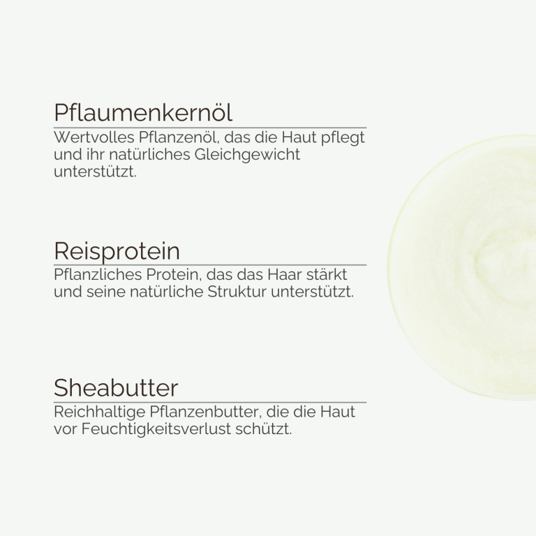 Übersicht der Inhaltsstoffe Pflaumenkernöl, Reisprotein und Sheabutter von INUANA für natürliche Pflegeprodukte.