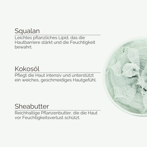 Übersicht der Inhaltsstoffe von INUANA mit Squalan, Kokosöl und Sheabutter neben Mousse