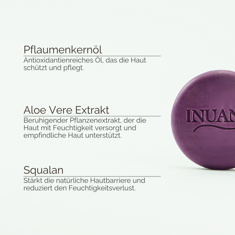 Infografik zu Pflaumenkernöl, Aloe Vera und Squalan für die INUANA Gesichtsreinigung.