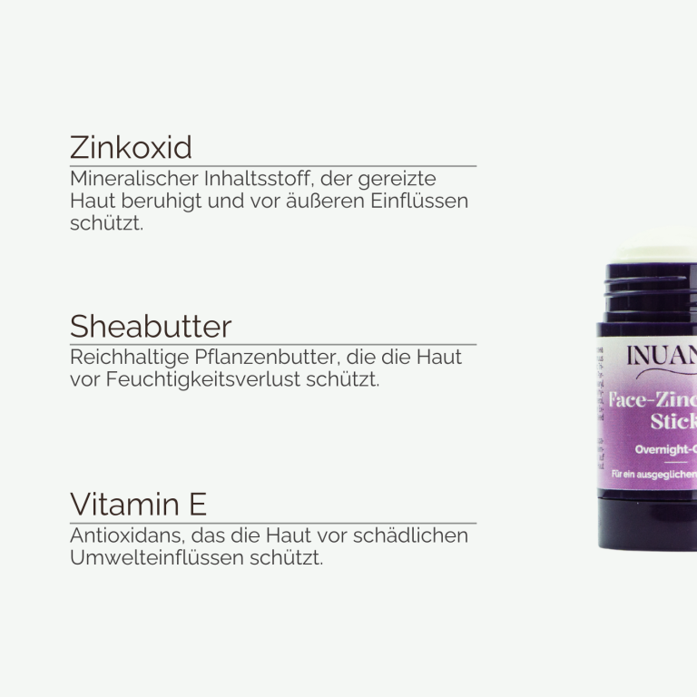 Infografik der Inhaltsstoffe Zinkoxid, Sheabutter und Vitamin E für den INUANA Face Zincbalm Stick.