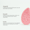 Infografik zu INUANA Kosmetik mit Erklärungen zu Arganöl, Keratin und Inulin neben einem rosa festen Shampoo.