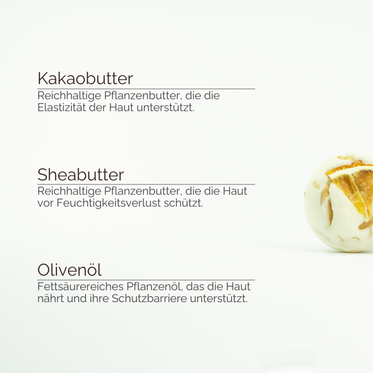 Übersicht natürlicher Inhaltsstoffe wie Kakaobutter und Sheabutter für die INUANA Badekugel