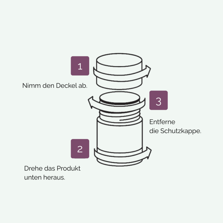 Dreischrittige Grafikanleitung zum Öffnen, Herausdrehen und Entfernen der Schutzkappe beim INUANA Kosmetik Stick.