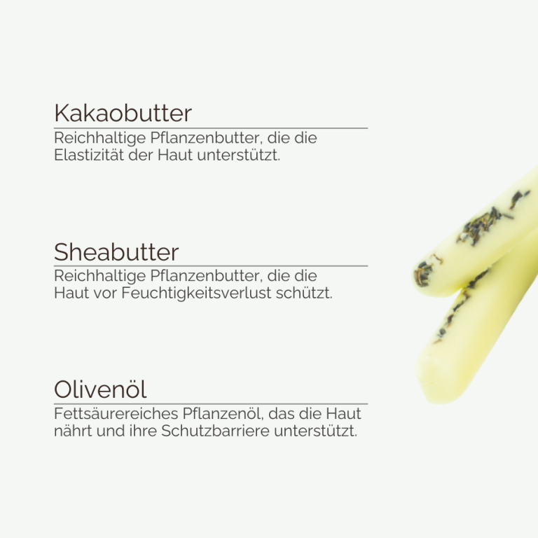Übersicht natürlicher Inhaltsstoffe wie Kakaobutter und Sheabutter für die Hautpflege von INUANA