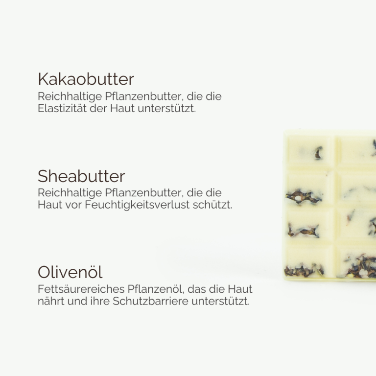 Übersicht natürlicher Inhaltsstoffe für die Badetafel Velvet Sandalwood Lavender von INUANA