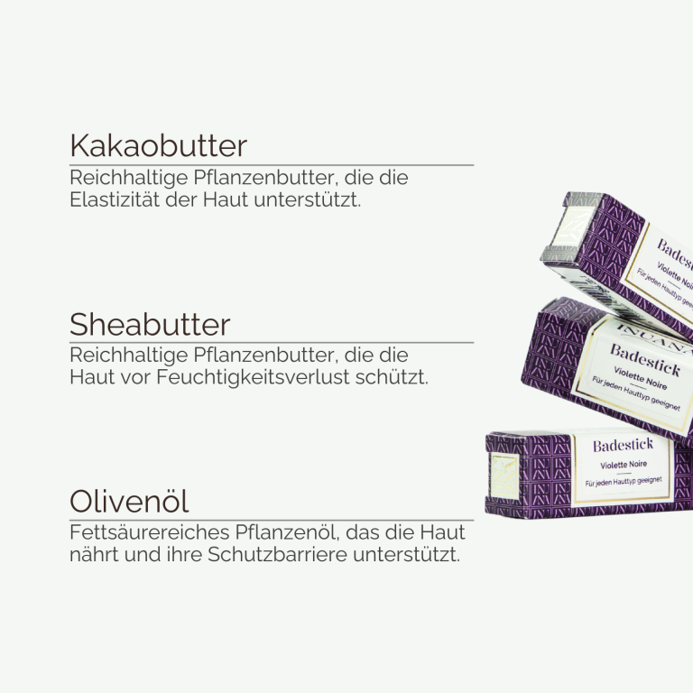 Natürliche Inhaltsstoffe für den Badestick Violette Noire in nachhaltiger Verpackung von INUANA