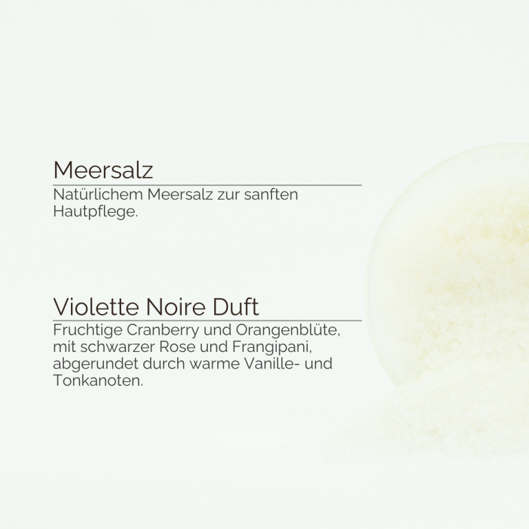 Übersicht der Inhaltsstoffe wie Meersalz und des Dufts Violette Noire für die Hautpflege von INUANA