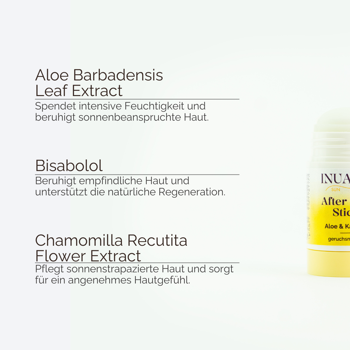 Inhaltsstoffe Aloe, Bisabolol und Kamille im INUANA After Sun Stick zur Beruhigung und Pflege nach der Sonne.