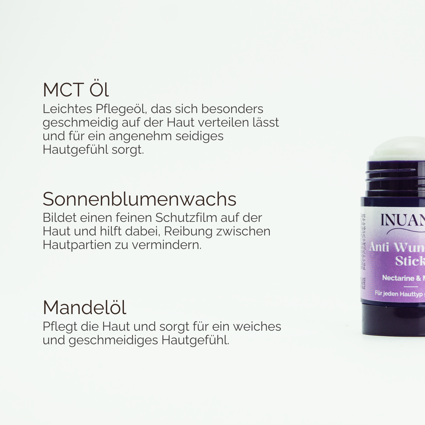 INUANA Anti-Wundreib Stick mit Erklärungen zu MCT-Öl, Sonnenblumenwachs und Mandelöl für schonende Hautpflege