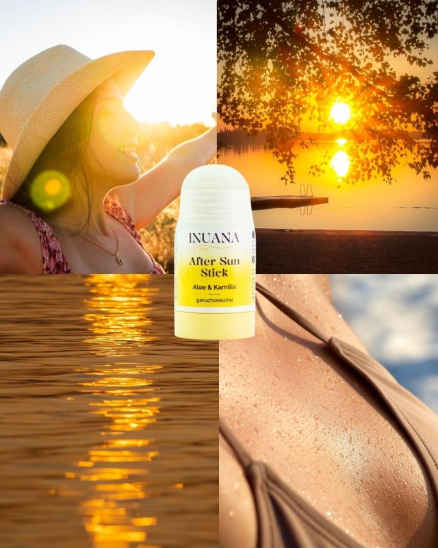 Zentrale Produktansicht des INUANA After Sun Sticks mit Aloe & Kamille vor einer vierteiligen Sonnenuntergangs-Collage.